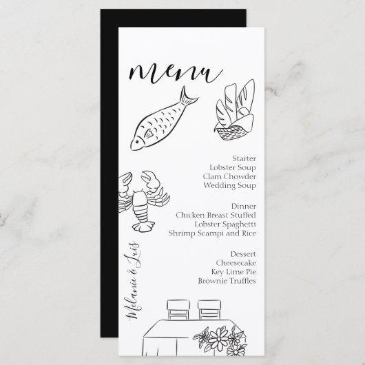Whimiscal Doodle Black White Heart Wedding Menu  (Devant / Derrière)