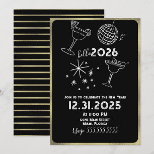 Whimiscal Doodles Hallo 2026 Nieuwjaar Goud Feestdagenkaart