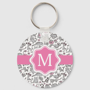 Whimiscal Pink and Grey Cartoon Cat Cat Cft Ideeën Sleutelhanger