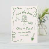 Whimische handgetekende trouwkaart quirky groen save the date (Staand voorkant)