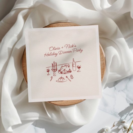 Whimische rode handgetekende kerstdinertje  servet