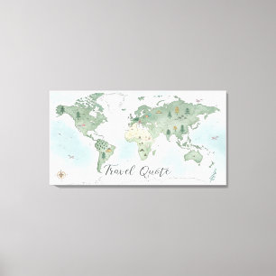 Whimische wereldkaart wandkunst – Aquarel natuur Canvas Afdruk