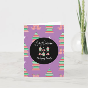 Whimisical Merry kerstkat Pattern Paars Bedankkaart
