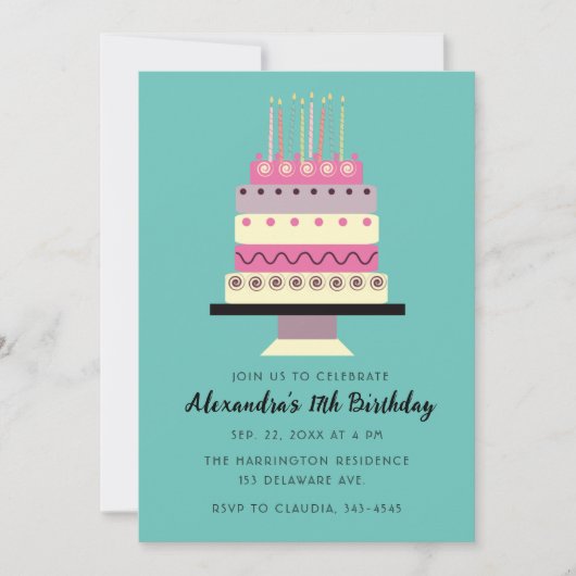 Whimsday Cake Retro rose Turquoise Invitation (Devant)