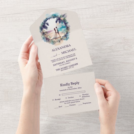 Whimserige waterverf strand bestemmingsbruiloft all in one uitnodiging (Afscheurbaar)
