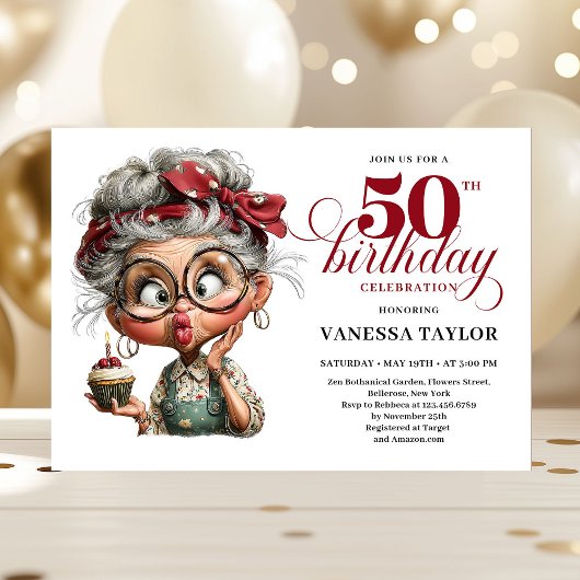 Whimsical 50th birthday invite quirky fun woman kaart