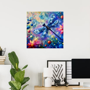 Whimsical Abstract Dragonfly Floral Blauwgroen Bla Poster