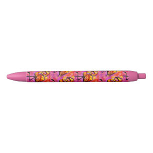 Whimsical Abstract Flamingo Roze Sinaasappel Zwarte Inkt Pen