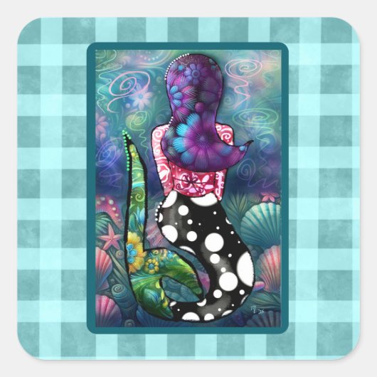 Whimsical Abstract Mermaid Nautical Teal Seashells Vierkante Sticker (Voorkant)