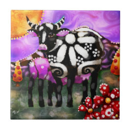 Whimsical Abstract Momma & Baby Cow Funky Farm Tegeltje