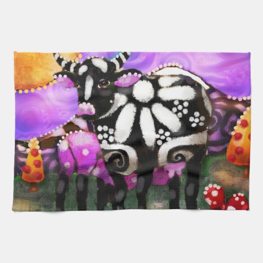 Whimsical Abstract Momma & Baby Cow Funky Farm Theedoek (Horizontaal)
