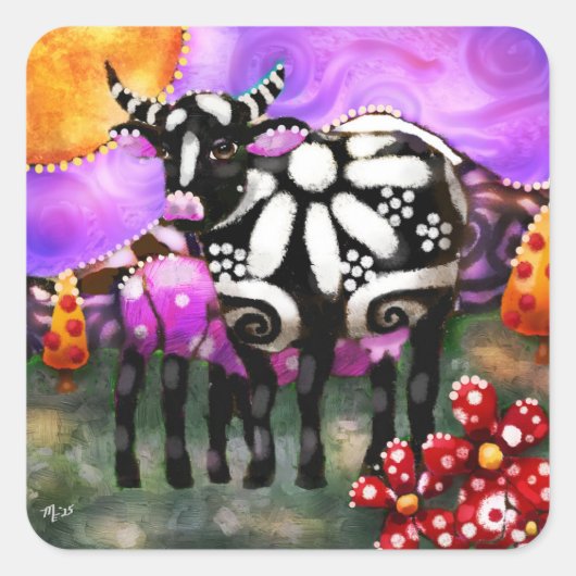 Whimsical Abstract Momma & Baby Cow Funky Farm Vierkante Sticker (Voorkant)