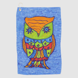 Whimsical Abstract Owl Green Face Star Eyes Blue Golfhanddoek