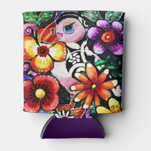 Whimsical Abstract Puffin Bird In Flowers Blikjeskoeler (Voorkant)