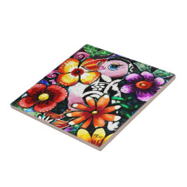 Whimsical Abstract Puffin Bird In Flowers Tegeltje