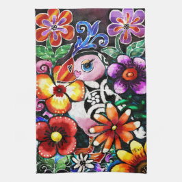 Whimsical Abstract Puffin Bird In Flowers Theedoek