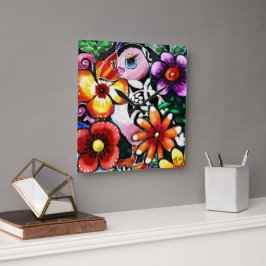 Whimsical Abstract Puffin Bird In Flowers Vierkante Klok