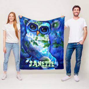 Whimsical Abstract Uil Blauw Groen Gepersonaliseer Fleece Deken