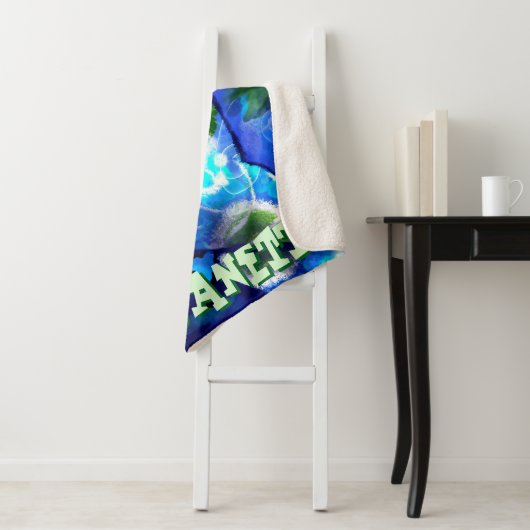Whimsical Abstract Uil Blauw Groen Gepersonaliseer Sherpa Deken (In situ)