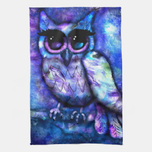 Whimsical Abstract Uil Grote Ogen Blauw Paars Theedoek