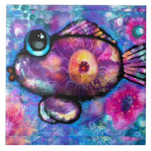 Whimsical Abstracte Big-Eye Fish Paarse Blauwgroen Tegeltje