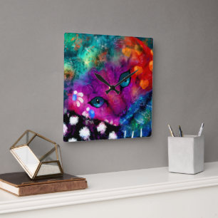 Whimsical Abstracte Dromerige Kitty Cat Blauwgroen Vierkante Klok