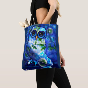 Whimsical Abstracte Uil Blauw Groene Bloemen Bloem Draagtas