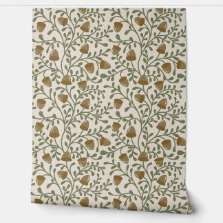Whimsical Acorns and Leaves in Green and Brown on Behang