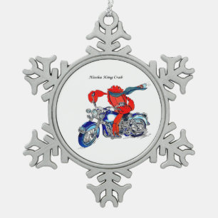 Whimsical Alaska King Crab Motorcycle ontworpen Tin Sneeuwvlok Ornament
