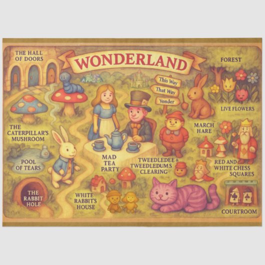 Whimsical Alice Adventures in Wonderland Map Tissuepapier (Voorkant)