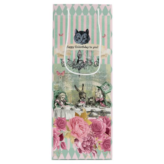 Whimsical Alice blue striped floral Wijn Cadeautas (Voorkant)