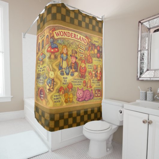 Whimsical Alice in Wonderland Map Douchegordijn (In situ)