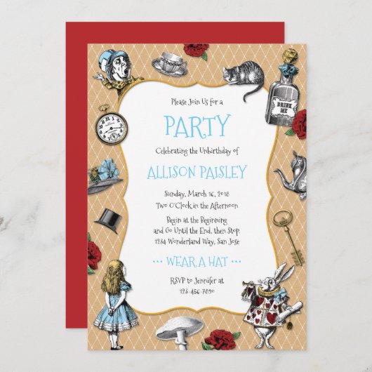 Whimsical Alice in Wonderland Party Kaart (Voorkant / Achterkant)