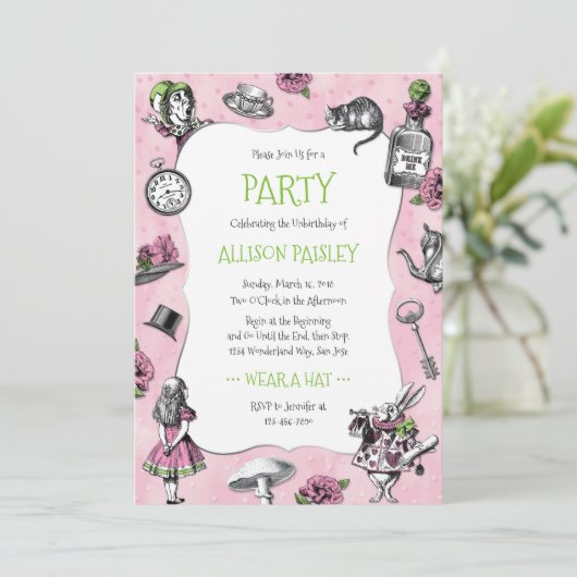 Whimsical Alice in Wonderland Pink en Green Kaart (Staand voorkant)