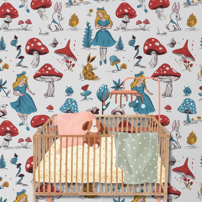 Whimsical Alice in Wonderland Red Mushroom Rabbit Behang (Creator heeft geüpload)