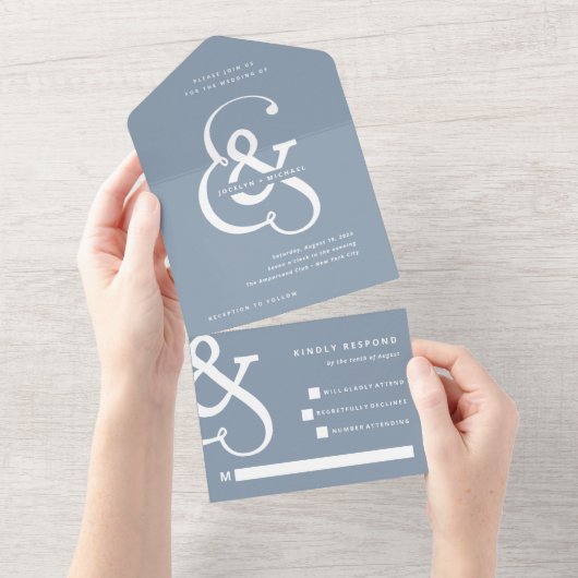 Whimsical Ampersand | Dusty Blue Wedding All In One Uitnodiging (Afscheurbaar)