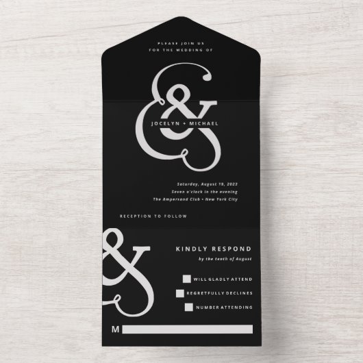 Whimsical Ampersand | Moody Black Wedding All In One Uitnodiging (Binnen)