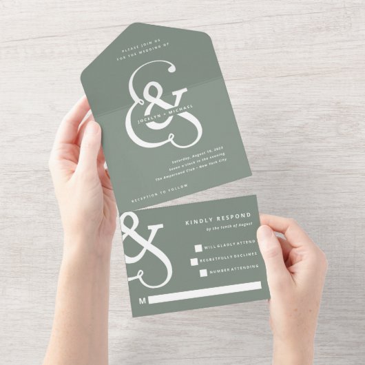 Whimsical Ampersand | Sage Green Wedding All In One Uitnodiging (Afscheurbaar)