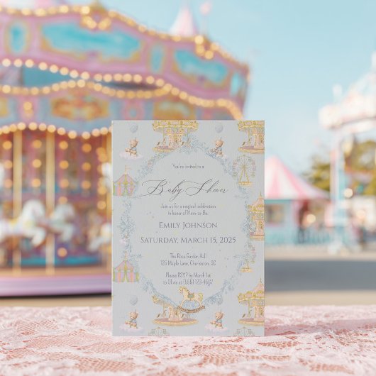 Whimsical Amusement Park Carousel Baby Shower Kaart