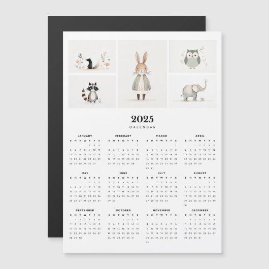 Whimsical Animal Boho Minimal 2025 Magnet Kalender (Voorkant / Achterkant)