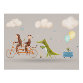 Whimsical Animals on Bicycle Nursery Wall art  Perfect Poster