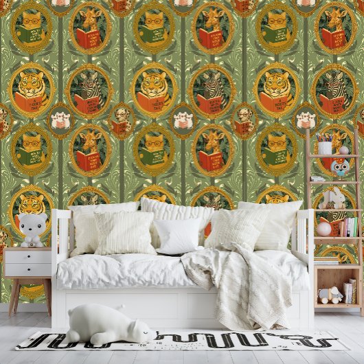 Whimsical animals reading books  wallpaper behang