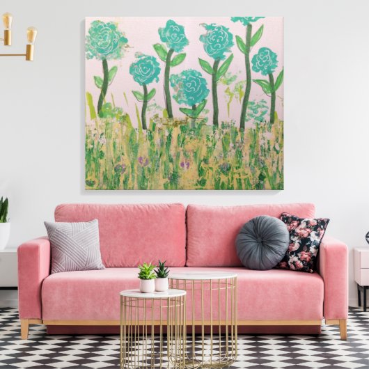 Whimsical Aqua Bloemen Canvas Afdruk (Insitu (Woonkamer))