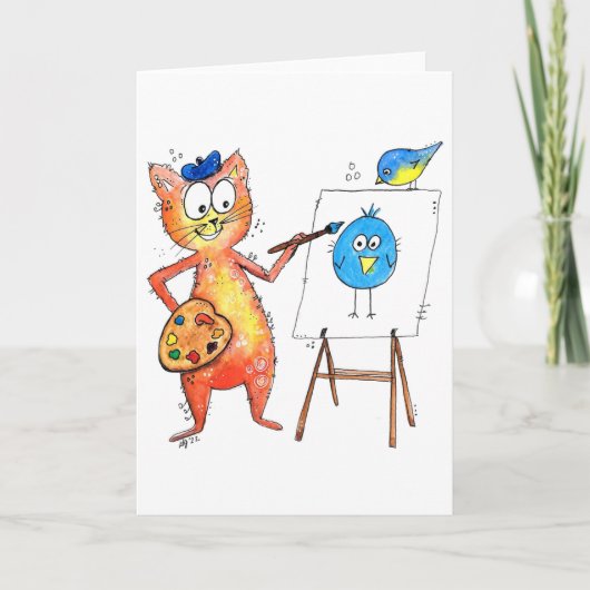 Whimsical Artist Cat Een vogel schilderen Kaart (Voorkant)