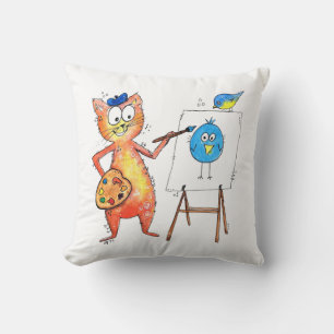 Whimsical Artist Cat Een vogel schilderen Kussen