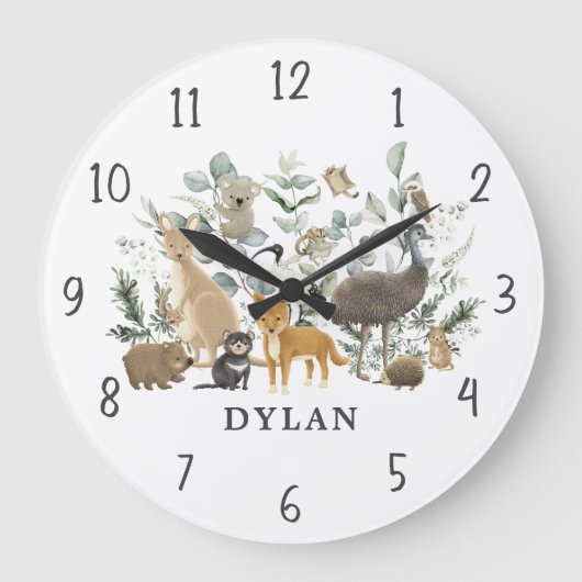 Whimsical Australian Animals Greenery Boy Nursery Grote Klok (Voorkant)