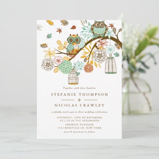 Whimsical Automne Owls Engagement Party Invitation (Debout devant)