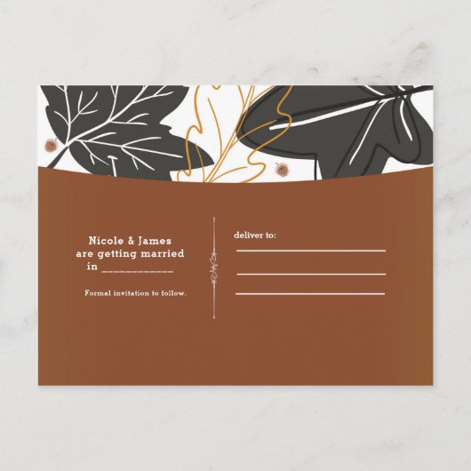 Whimsical Autumn Fall Leaves Eikels Save the Date Aankondigingskaart (Achterkant)