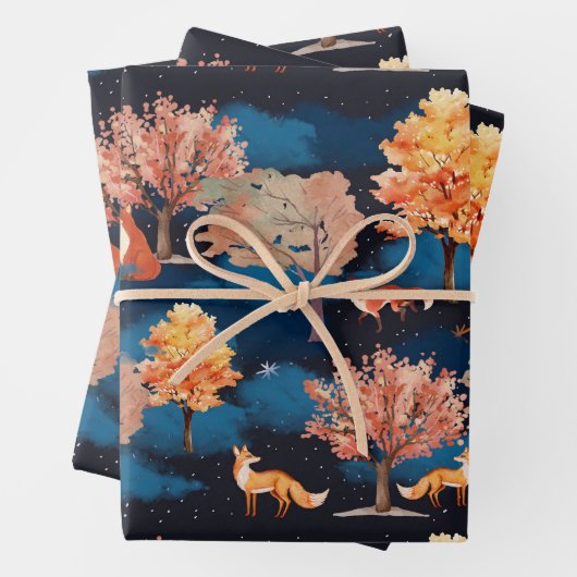 Whimsical Autumn Fox Night Forest Seamless Pattern Inpakpapier Vel (In situ)