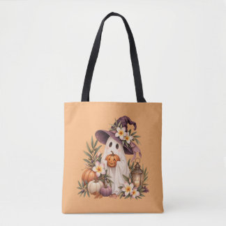 Whimsical Autumn Ghost with Pumpkins and Flowers Draagtas